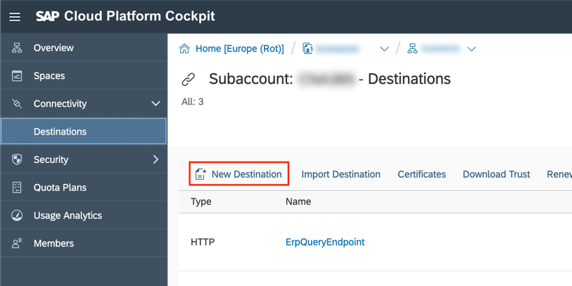 SAP BTP Cockpit Subaccount Destinations