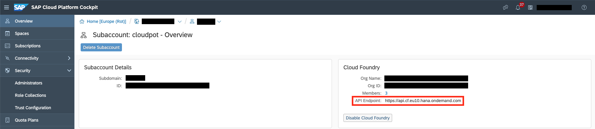 SAP BTP Cockpit Subaccount overview