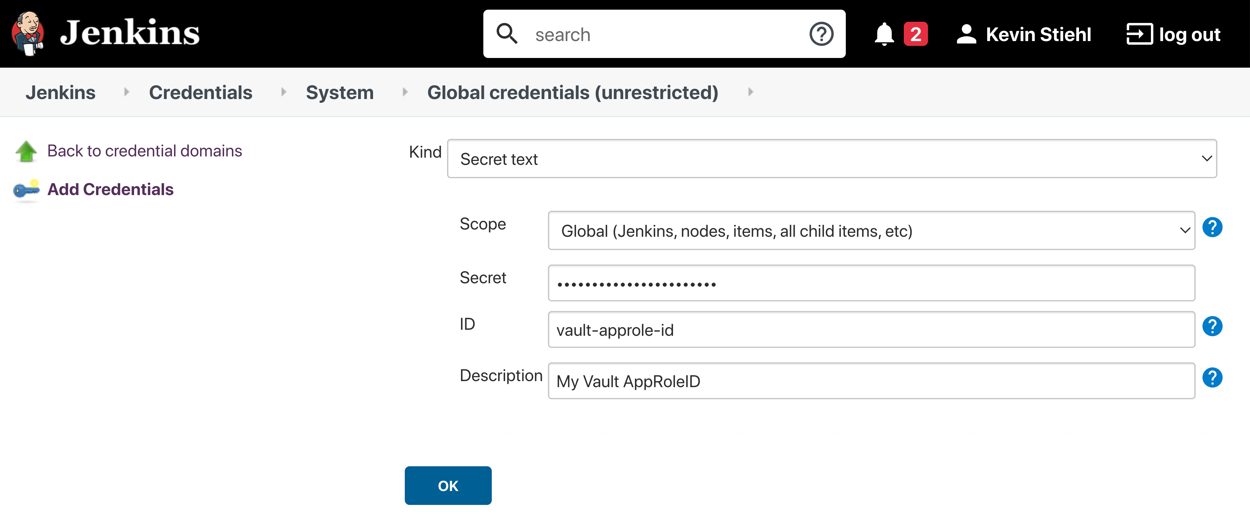 Create two jenkins secret text credentials