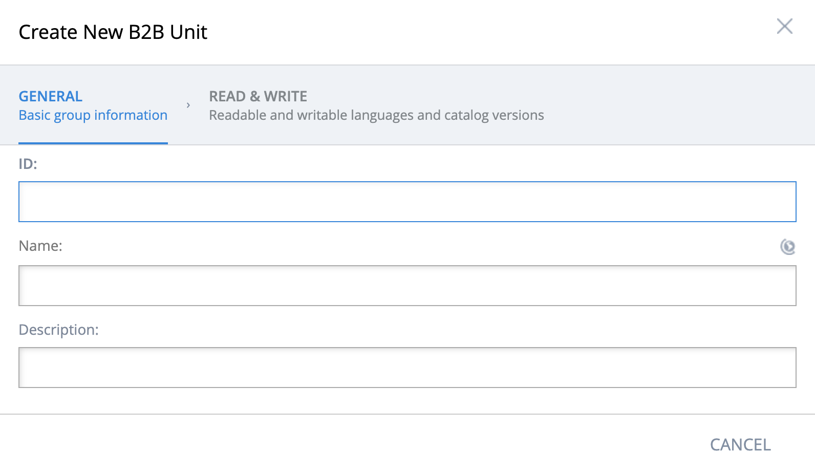 Create New B2B Unit window