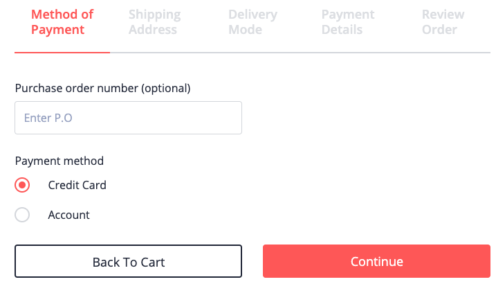 Method of Payment step, Credit Card selected