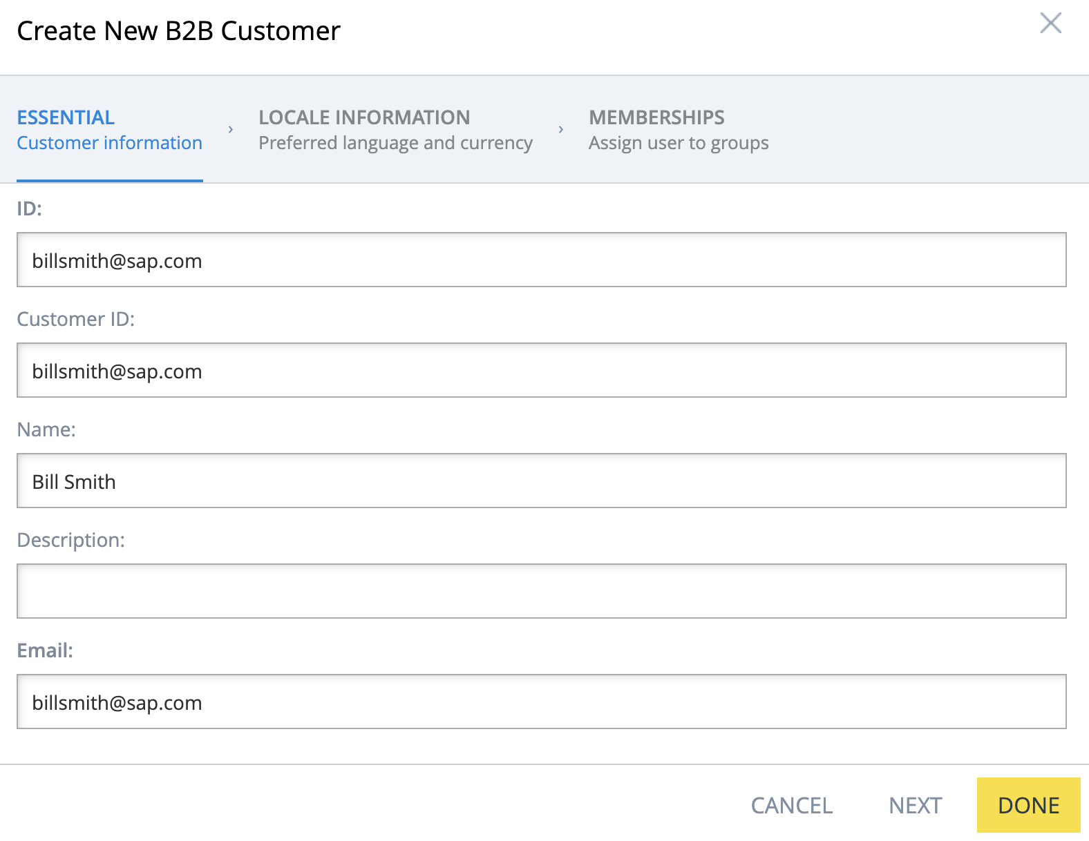 Create New B2B Customer window