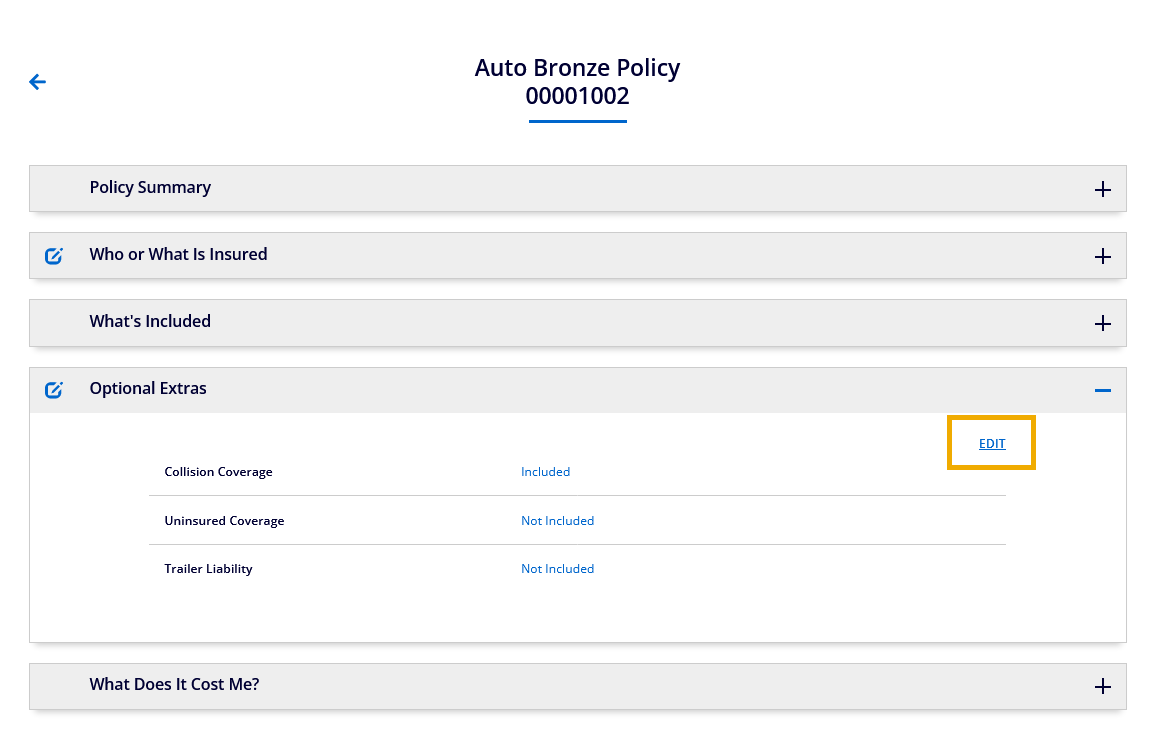 Policy Details Page - Edit Coverage Details