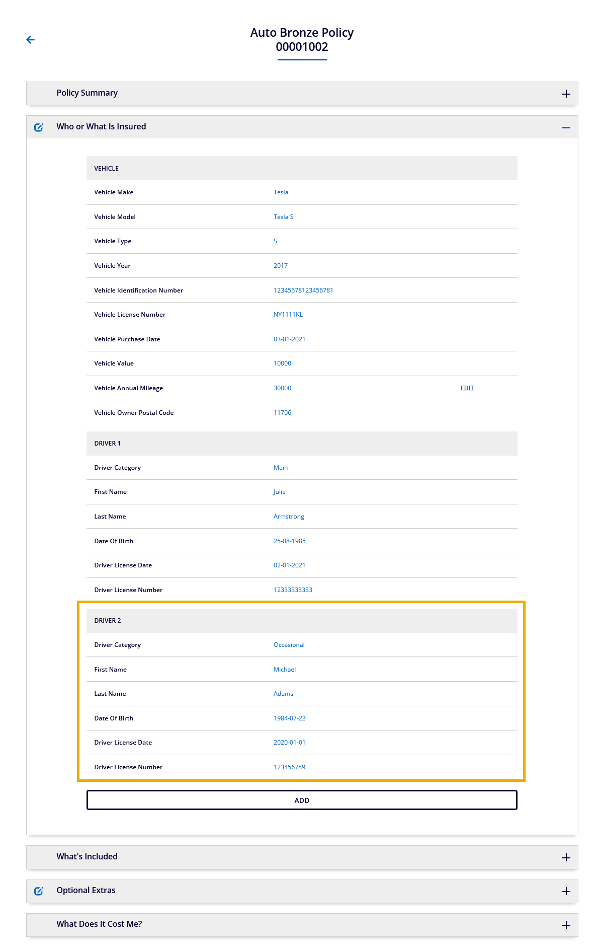 Policy Details Page with Additional Driver Added