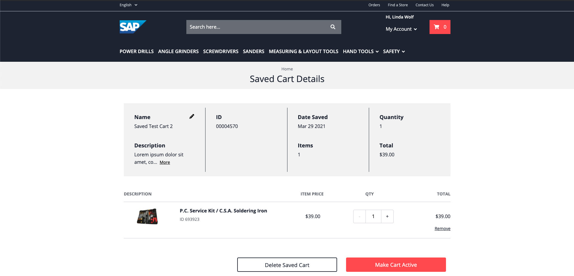 Saved Carts Details Page